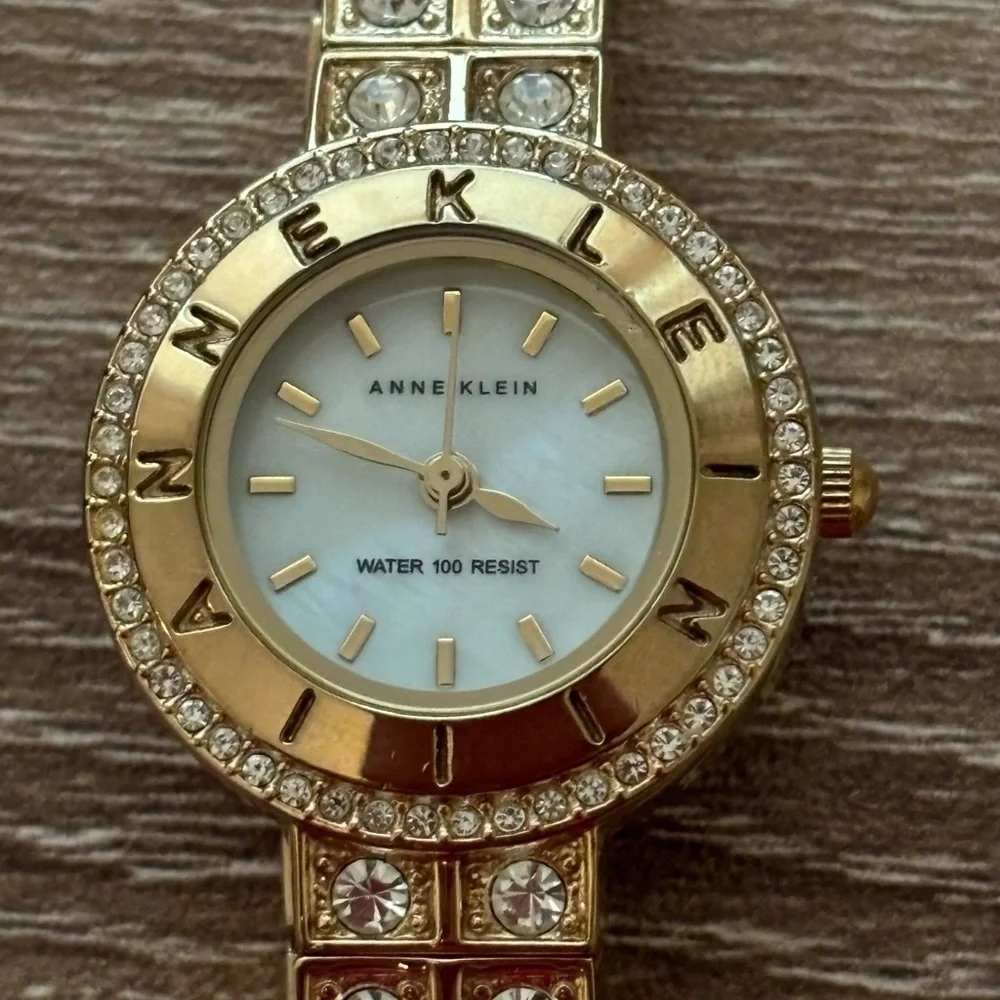 Anne Klein Gold Plated Rhinestone Bling Watch Water Resistant Logo Face 7” Dress